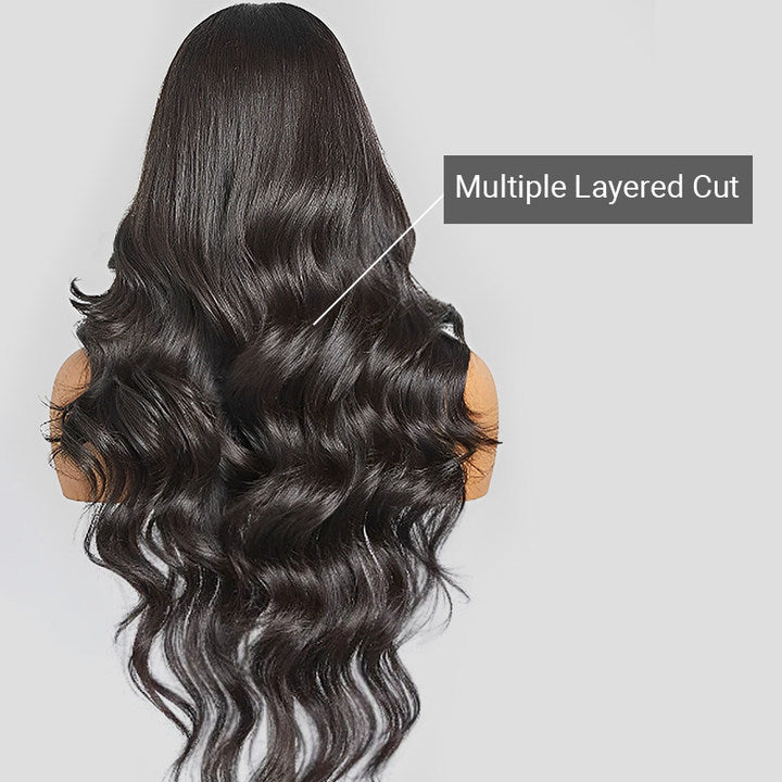 Trendy Layered Cut Glueless Mid Part Body Wave 5x5 HD Lace Human Hair Wig