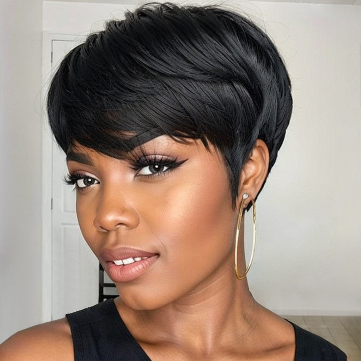 Trendy Layered Pixie Cut Short Wig With Bangs 100% Human Hair | Put On & Go