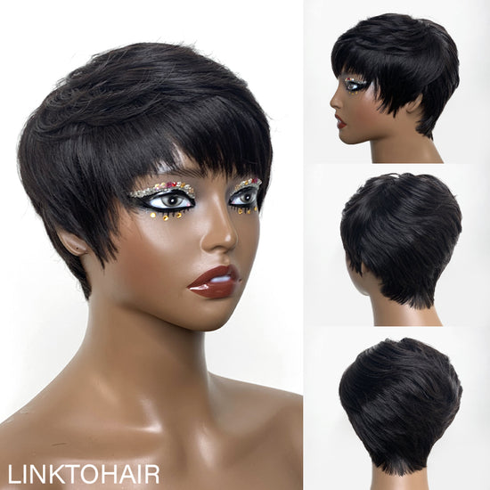 Trendy Layered Pixie Cut Short Wig With Bangs 100% Human Hair | Put On & Go