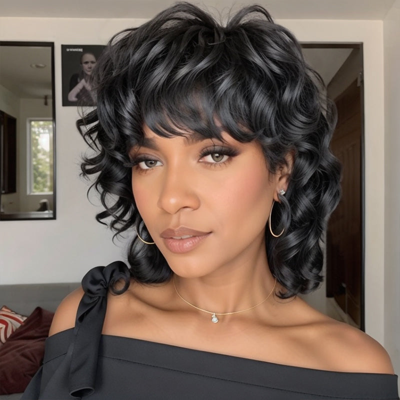 Trendy Limited Design  LinktoHair Natural Black Glueless Mullet Wig With Bangs Human Hair Wigs