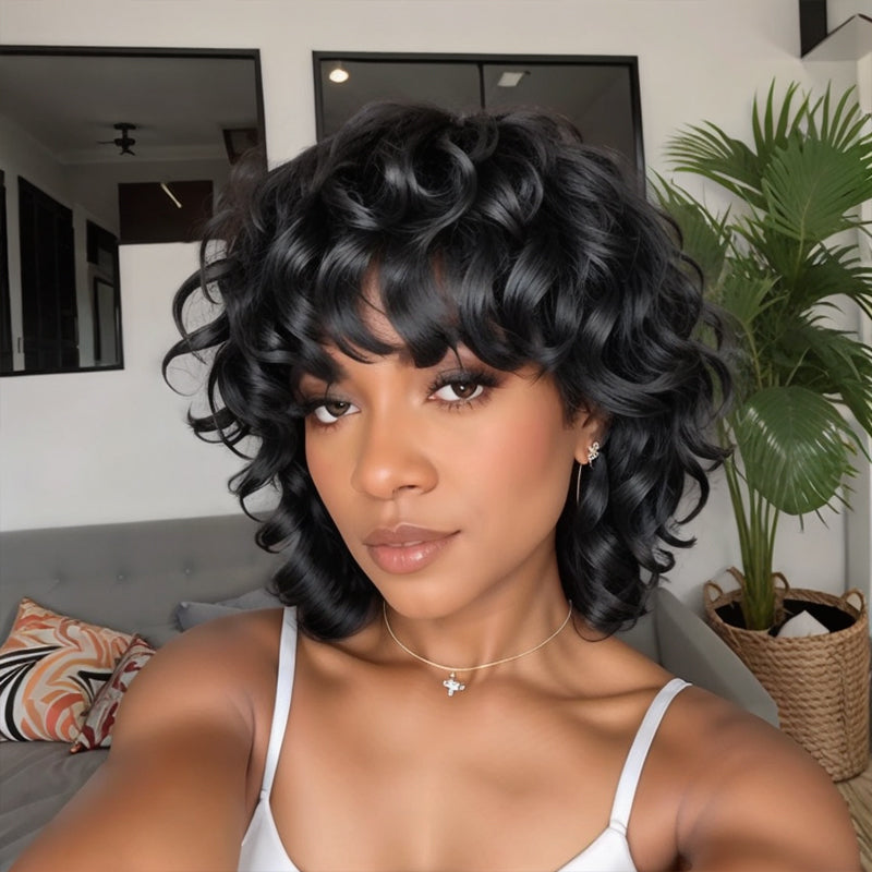 Load image into Gallery viewer, Trendy Limited Design  LinktoHair Natural Black Glueless Mullet Wig With Bangs Human Hair Wigs
