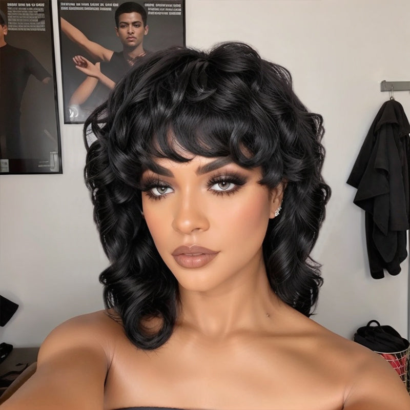 Trendy Limited Design  LinktoHair Natural Black Glueless Mullet Wig With Bangs Human Hair Wigs
