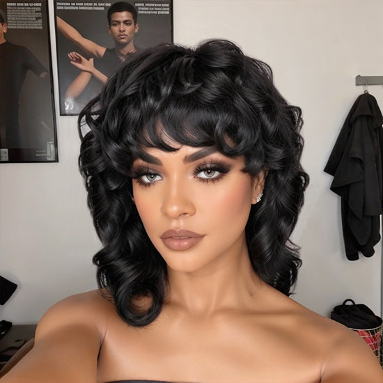 Trendy Limited Design  LinktoHair Natural Black Glueless Mullet Wig With Bangs Human Hair Wigs