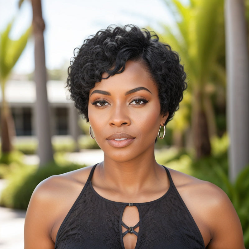 Trendy Limited Design | Natural Black Short Pixie Cuts Curly Glueless Wig With Bang 100% Human Hair