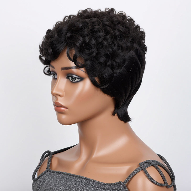 Trendy Limited Design | Natural Black Short Pixie Cuts Curly Glueless Wig With Bang 100% Human Hair