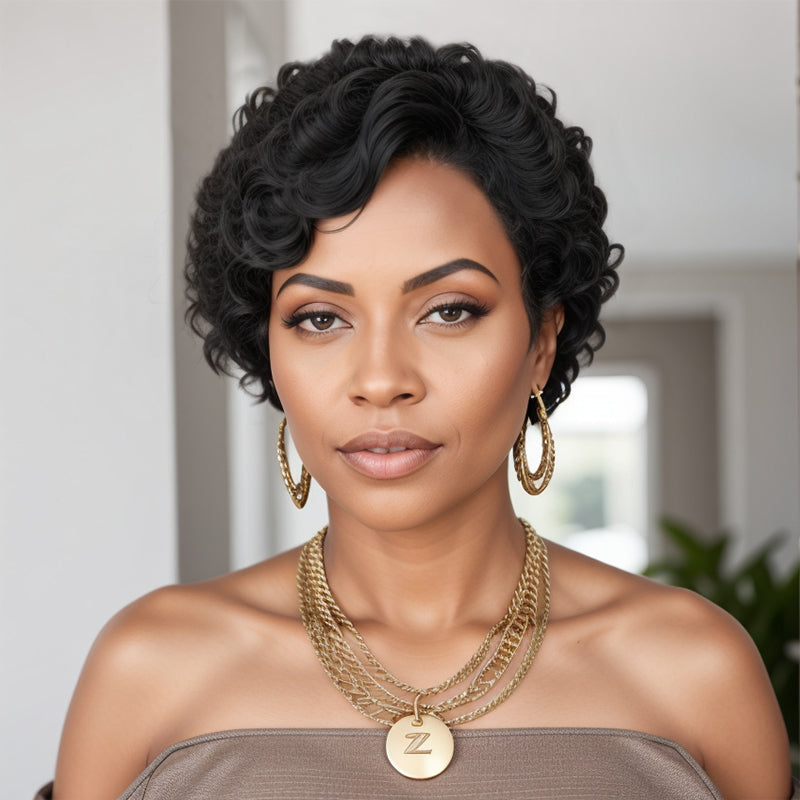 Trendy Limited Design | Natural Black Short Pixie Cuts Curly Glueless Wig With Bang 100% Human Hair