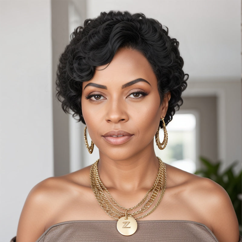Load image into Gallery viewer, Trendy Limited Design | Natural Black Short Pixie Cuts Curly Glueless Wig With Bang 100% Human Hair
