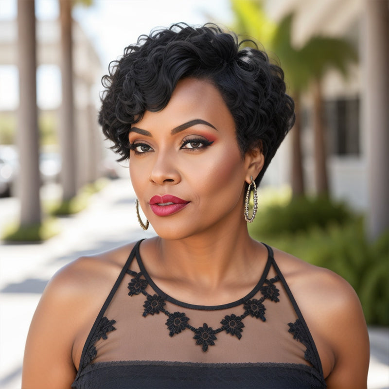 Trendy Limited Design | Natural Black Short Pixie Cuts Curly Glueless Wig With Bang 100% Human Hair