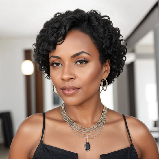 Trendy Limited Design | Natural Black Short Pixie Cuts Curly Glueless Wig With Bang 100% Human Hair