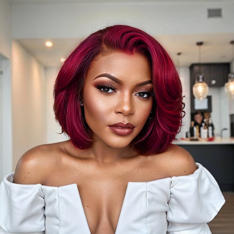 Trendy Limited Design |Burgendy Side Part Bob Style Glueless 5x5 Closure Lace Wig 100% Human Hair