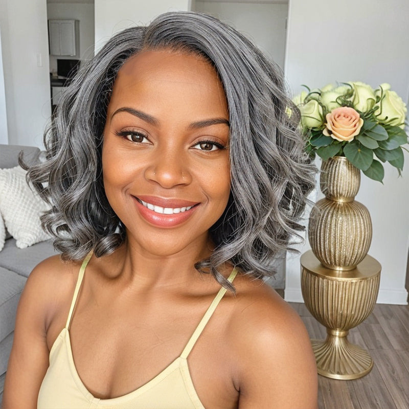 Trendy Limited Design | Salt And Pepper Body Wave Glueless 5x5 Closure Lace Bob Wig 100% Human Hair