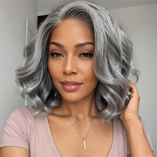 Load image into Gallery viewer, Trendy Limited Design | Salt &amp;amp; Pepper Body Wave Glueless 5x5 Closure Lace Bob Wig 100% Human Hair
