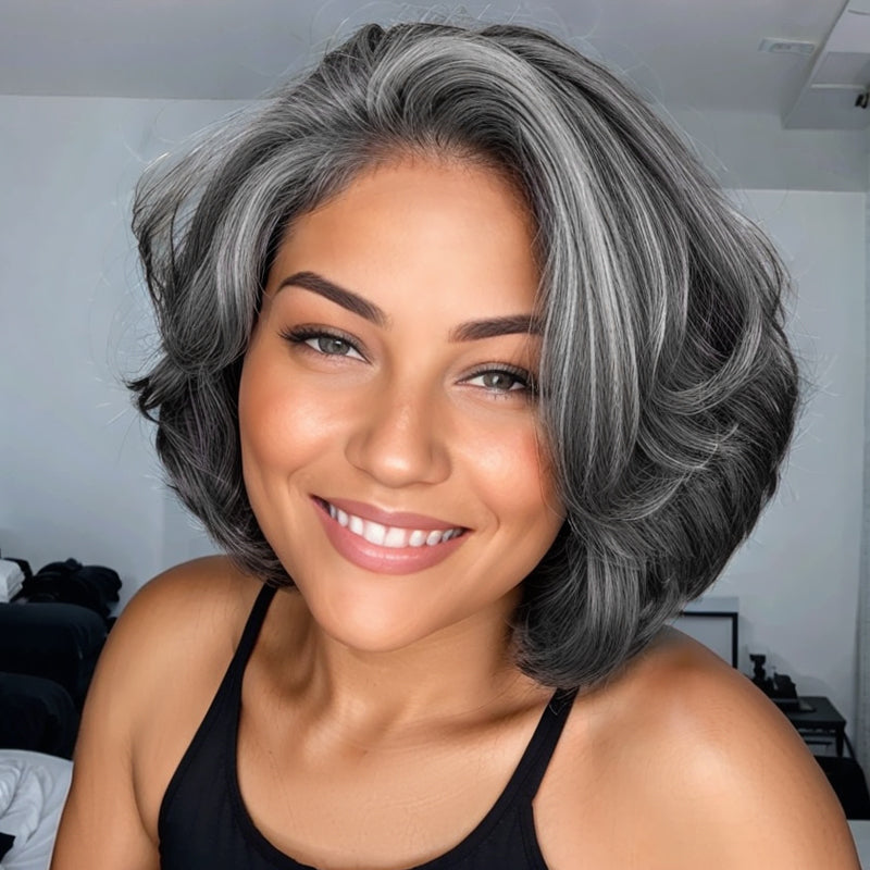 Trendy Limited Design | Salt And Pepper Side Part Bob Style Glueless 5x5 Closure Lace Wig 100% Human Hair
