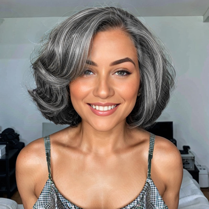 Trendy Limited Design | Salt And Pepper Side Part Bob Style Glueless 5x5 Closure Lace Wig 100% Human Hair