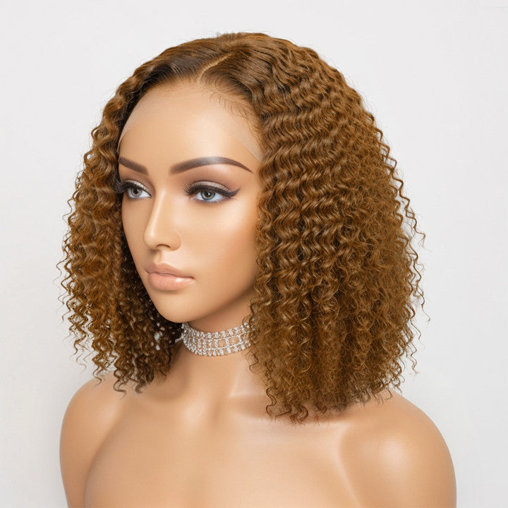 Trendy Mix Color Brown | Curly Bob Wig 13x4 Frontal Undetectable Lace Short Wig 100% Human Hair