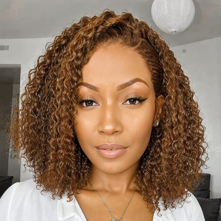 Trendy Mix Color Brown | Curly Bob Wig 13x4 Frontal Undetectable Lace Short Wig 100% Human Hair