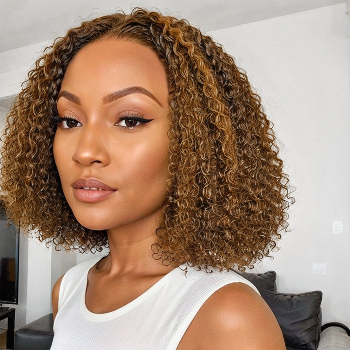 Trendy Mix Color Brown | Curly Bob Wig 13x4 Frontal Undetectable Lace Short Wig 100% Human Hair