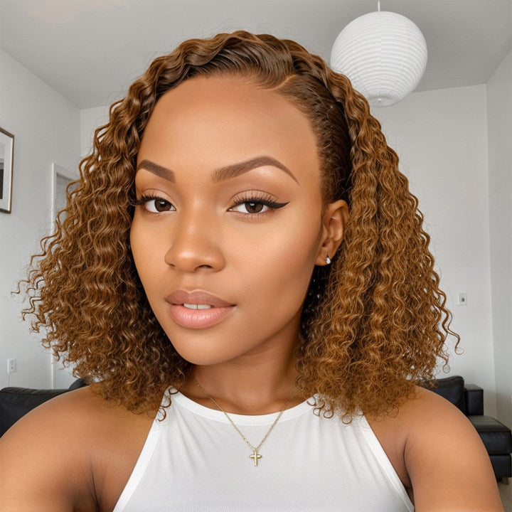 Trendy Mix Color Brown | Curly Bob Wig 13x4 Frontal Undetectable Lace Short Wig 100% Human Hair