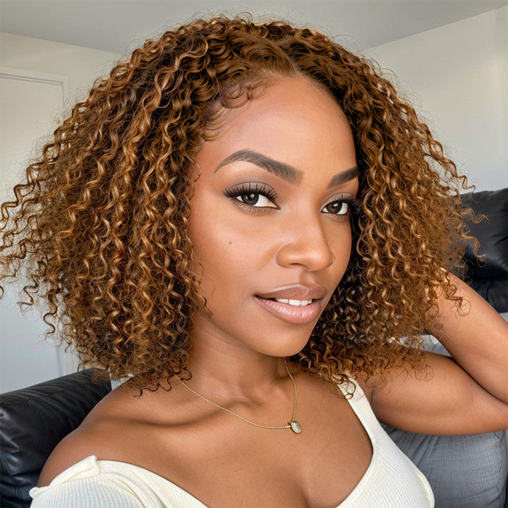 Trendy Mix Color Brown | Curly Bob Wig 13x4 Frontal Undetectable Lace Short Wig 100% Human Hair