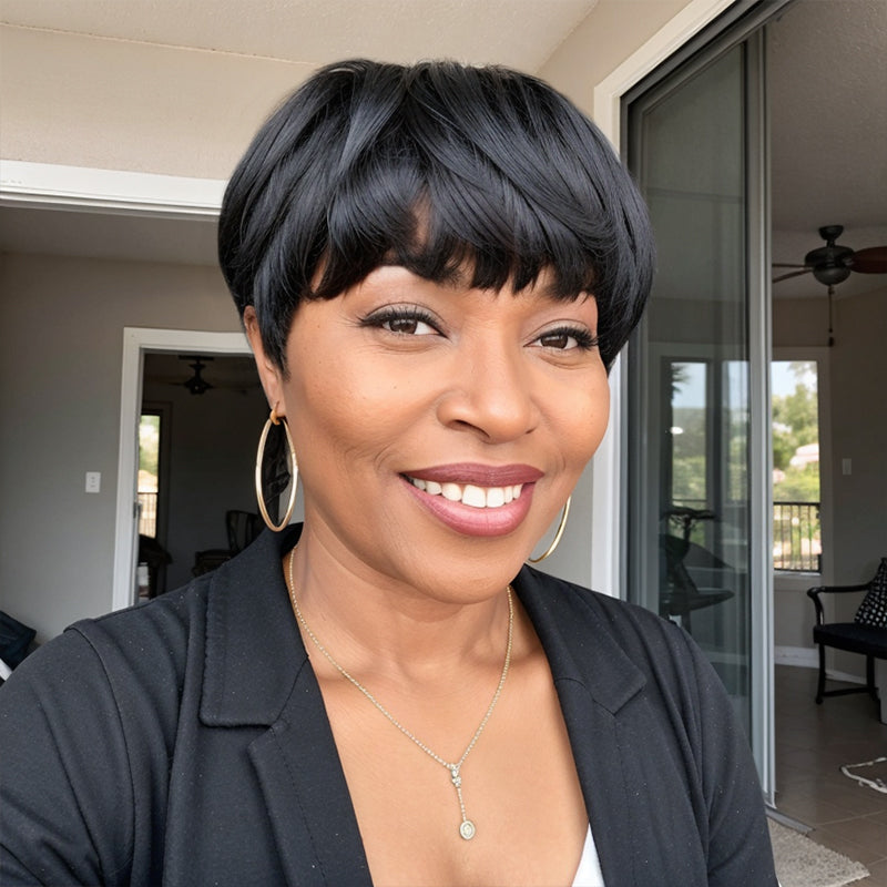 Trendy Natural Black Layered Pixie Cut Short Wig With Bangs