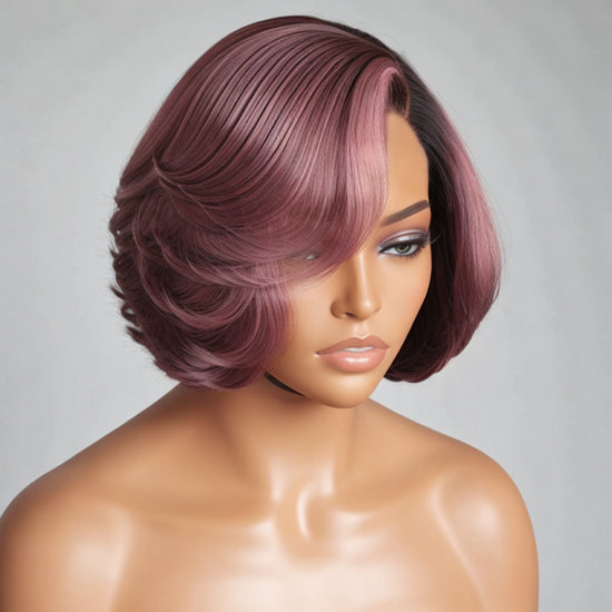 Trendy design | Turkish Rose Pink Bob With Black Roots Glueless 5x5 HD Lace Closure Wig