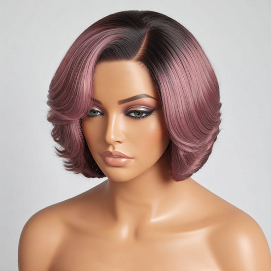 Trendy design | Turkish Rose Pink Bob With Black Roots Glueless 5x5 HD Lace Closure Wig