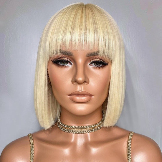 Trendy summer style | Blonde 613 Fringe Layered Straight Bob Wig With Bangs 100% Human Hair