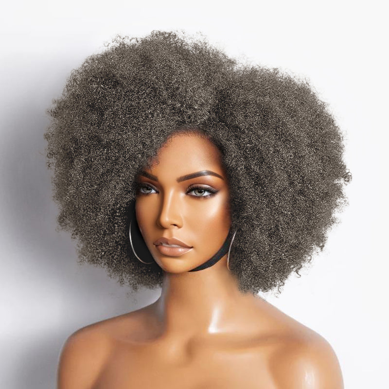 Vintage Design | Salt and Pepper Side Part Afro Curl Bouncy Glueless Wig 100% Human Hair