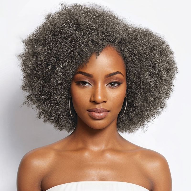 Vintage Design | Salt and Pepper Side Part Afro Curl Bouncy Glueless Wig 100% Human Hair