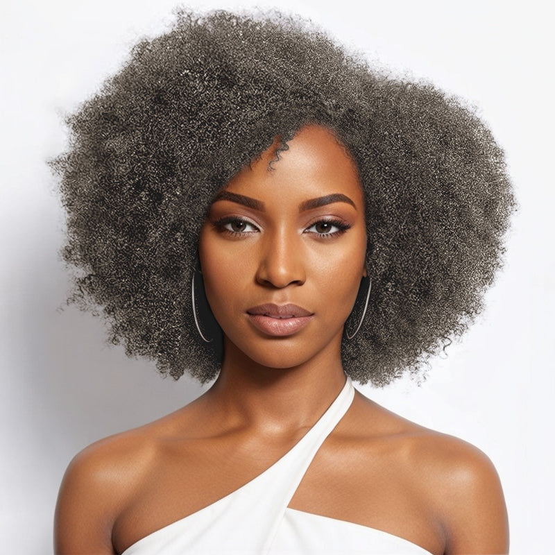 Vintage Design | Salt and Pepper Side Part Afro Curl Bouncy Glueless Wig 100% Human Hair