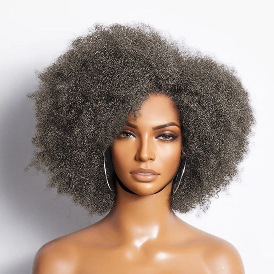 Vintage Design | Salt and Pepper Side Part Afro Curl Bouncy Glueless Wig 100% Human Hair