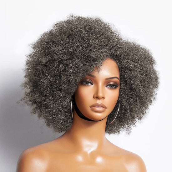 Vintage Design | Salt and Pepper Side Part Afro Curl Bouncy Glueless Wig 100% Human Hair