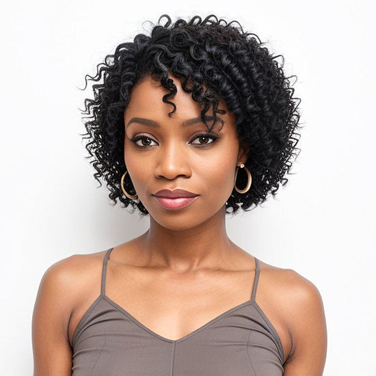 Water Wave Curly Hair Short Bob Pixie Cut Wig with Bangs Human Hair Wigs