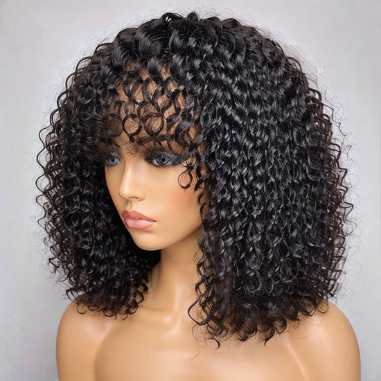 Water Wave Minimalist Lace Glueless Short Wig With Bangs 100% Human Hair