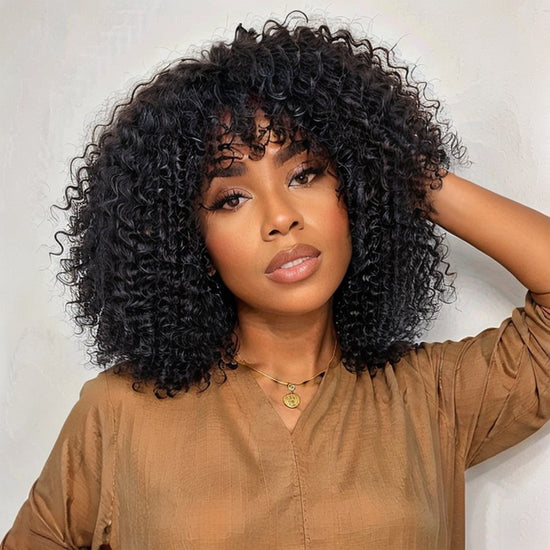 Water Wave Minimalist Lace Glueless Short Wig With Bangs 100% Human Hair