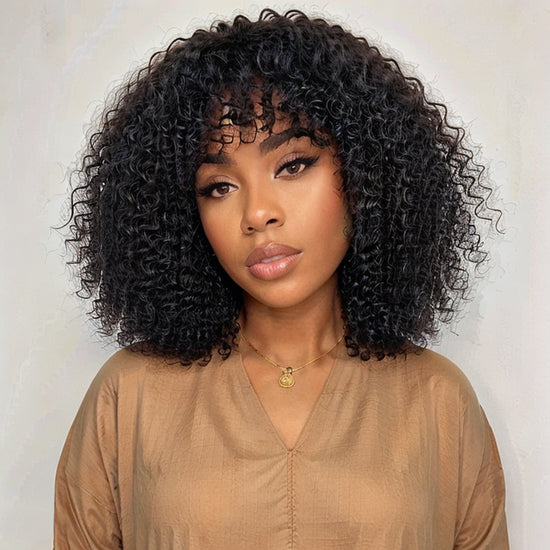 Water Wave Minimalist Lace Glueless Short Wig With Bangs 100% Human Hair