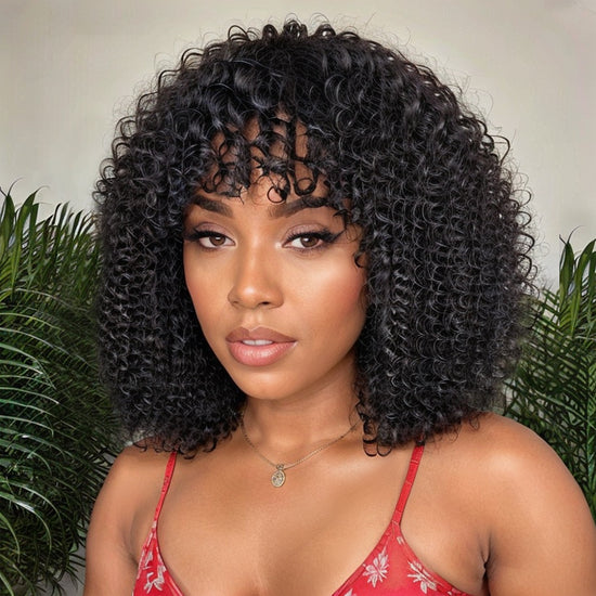 Water Wave Minimalist Lace Glueless Short Wig With Bangs 100% Human Hair