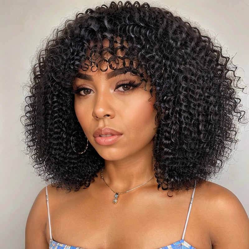 Water Wave Minimalist Lace Glueless Short Wig With Bangs 100% Human Hair