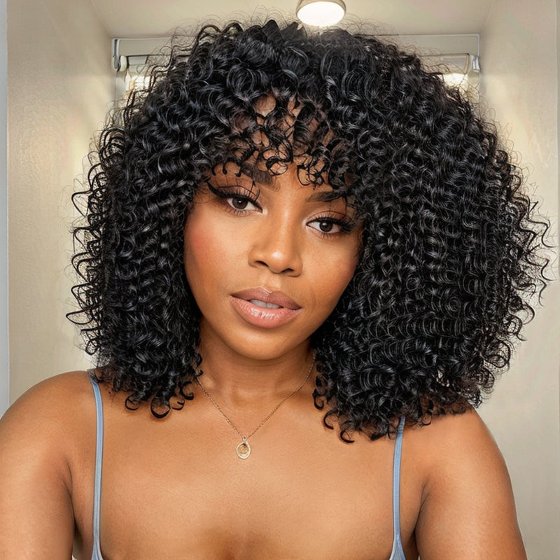 Water Wave Minimalist Lace Glueless Short Wig With Bangs 100% Human Hair