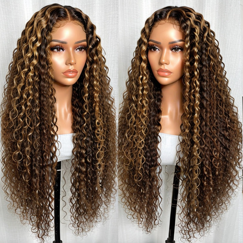 Pre-Plucked Water Wave Human Hair 13x4 Lace Front Wigs Highlight Brown Wigs