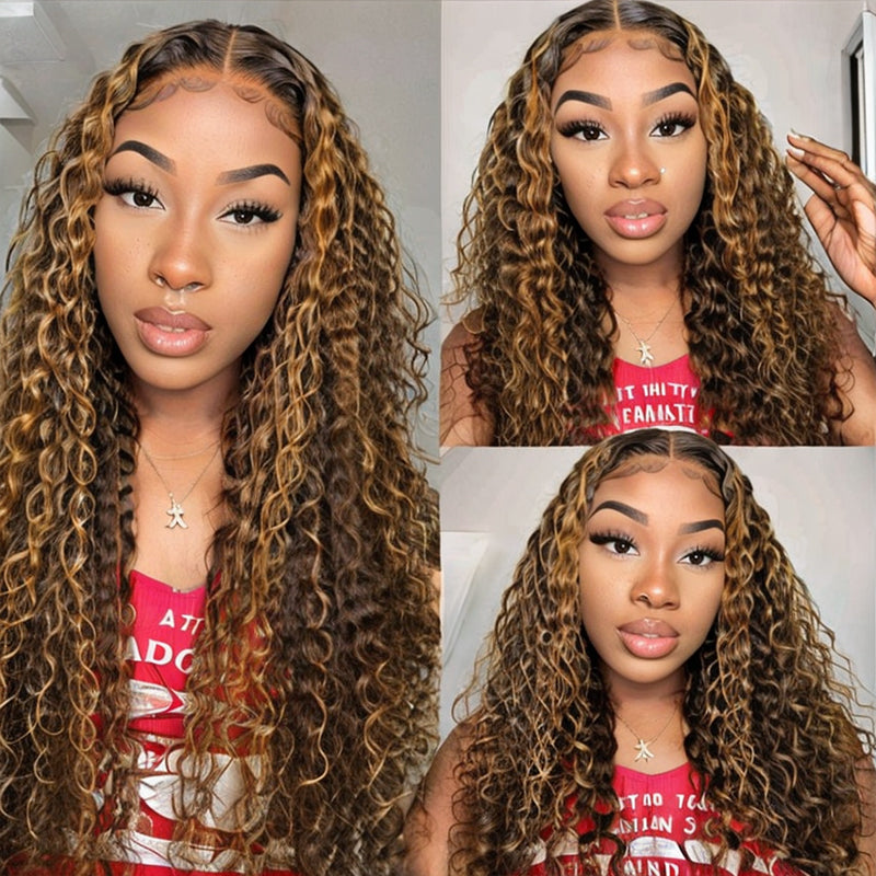 Pre-Plucked Water Wave Human Hair 13x4 Lace Front Wigs Highlight Brown Wigs