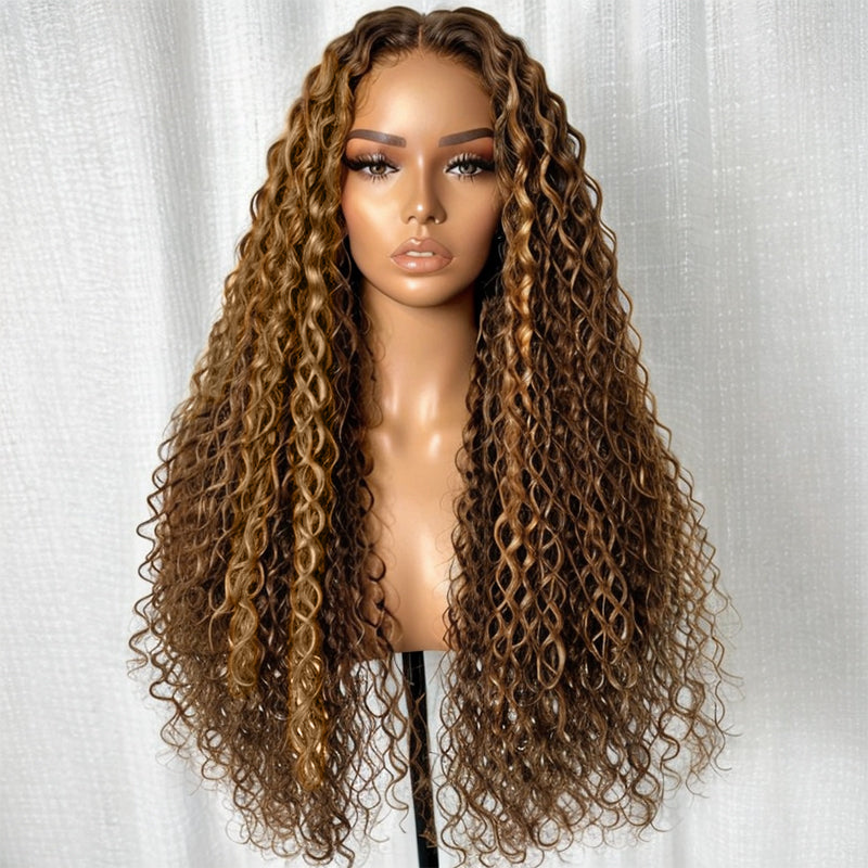 Pre-Plucked Water Wave Human Hair 13x4 Lace Front Wigs Highlight Brown Wigs