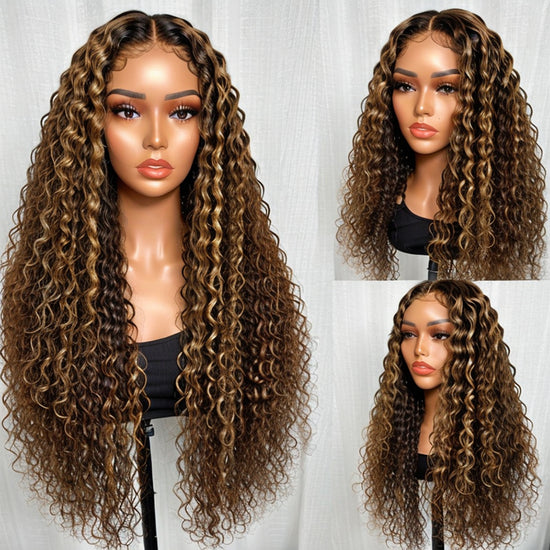 Pre-Plucked Water Wave Human Hair 13x4 Lace Front Wigs Highlight Brown Wigs