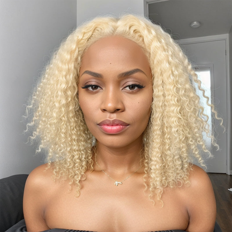 Pre-Cut Wigs #613 Blonde Easy To Dye Kinky Curly Glueless 5x5 Closure Lace Wig Human Hair