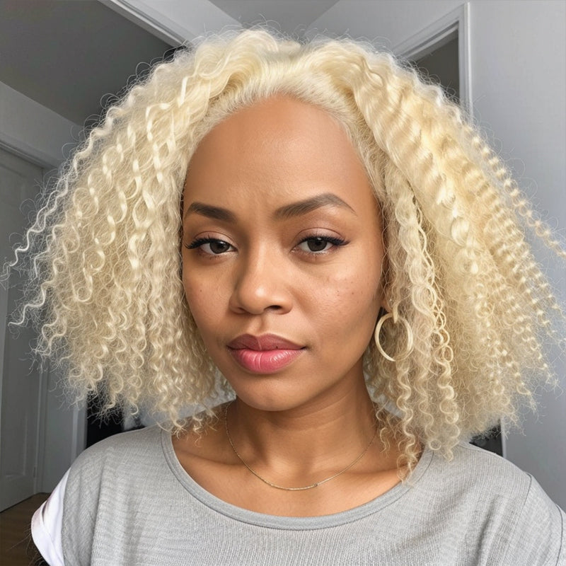 Pre-Cut Wigs #613 Blonde Easy To Dye Kinky Curly Glueless 5x5 Closure Lace Wig Human Hair