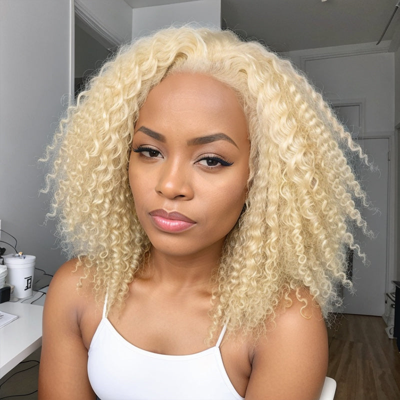 Pre-Cut Wigs #613 Blonde Easy To Dye Kinky Curly Glueless 5x5 Closure Lace Wig Human Hair