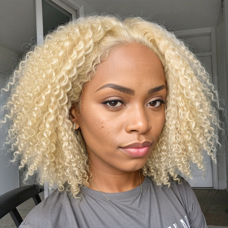 Pre-Cut Wigs #613 Blonde Easy To Dye Kinky Curly Glueless 5x5 Closure Lace Wig Human Hair