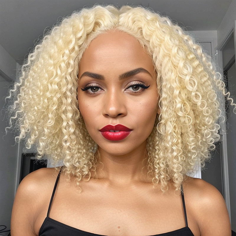 Pre-Cut Wigs #613 Blonde Easy To Dye Kinky Curly Glueless 5x5 Closure Lace Wig Human Hair