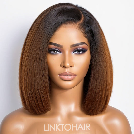 Put On & Go | 5x5 Kinky Edges Ombre Brown Kinky Straight Bob Lace Wig 100% Human Hair