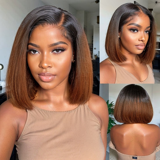 Put On & Go | 5x5 Kinky Edges Ombre Brown Kinky Straight Bob Lace Wig 100% Human Hair